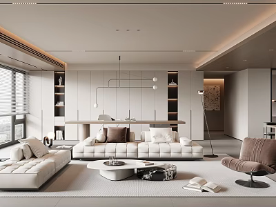 Modern Living And Dining Room Interior With White Sofa Coffee Table And Lighting 3d model