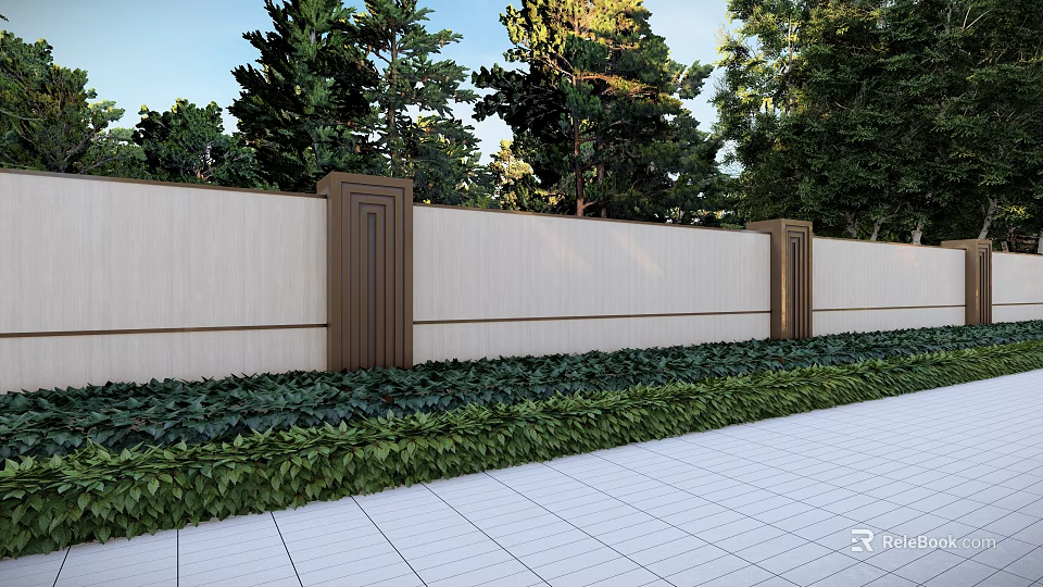 Serene Garden Landscape With Light Colored Wall Wooden Pillars Green Foliage And White Tiled Pavement 3d model 