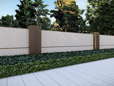 Serene Garden Landscape With Light Colored Wall Wooden Pillars Green Foliage And White Tiled Pavement 3d model