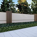Serene Garden Landscape With Light Colored Wall Wooden Pillars Green Foliage And White Tiled Pavement