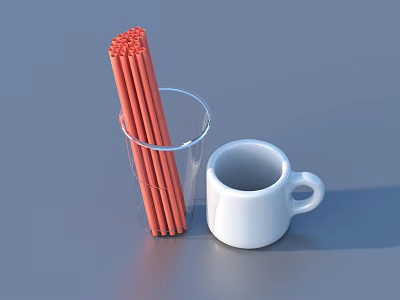 Everyday Household Items Red Straws Transparent Glass and White Mug for Daily Use 3d model