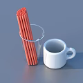 Everyday Household Items Red Straws Transparent Glass and White Mug for Daily Use
