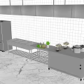 Modern Kitchen With Stainless Steel Appliances Refrigerator Stove Countertop Cabinets And Marble Floor