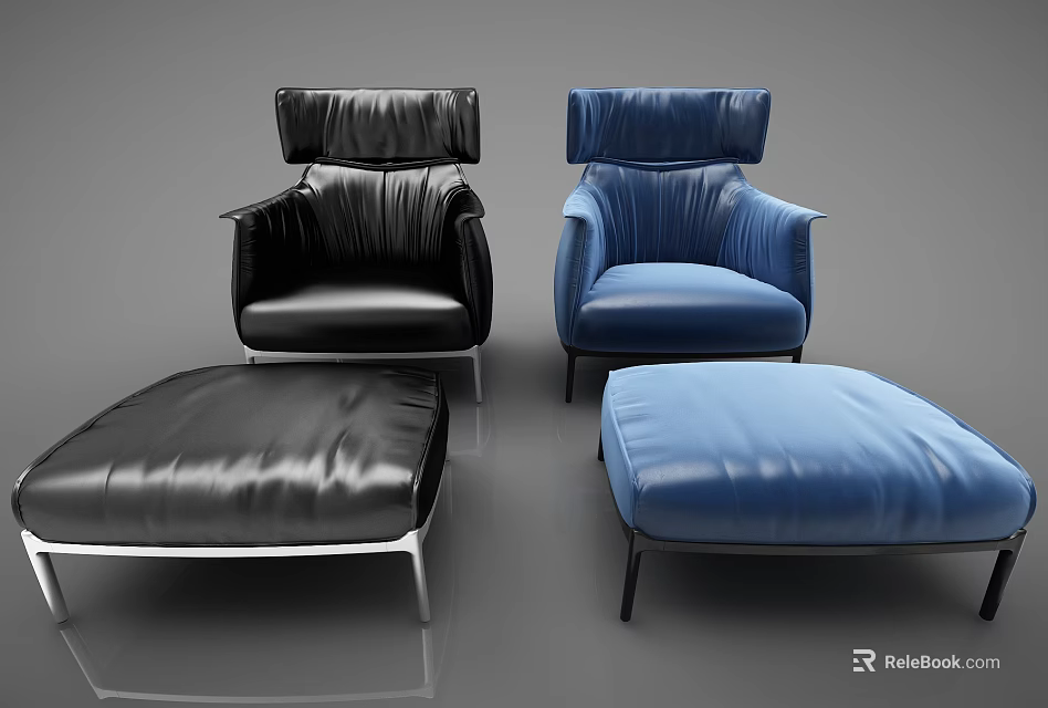 Modern Black and Blue Leather Single Sofas with Matching Ottoman Set 3d model
