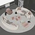 Modern Curved Light Sofa Coffee Table Set With Decorative Pillows Round Rug And Accent Armchair