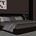 Modern Bedroom Double Bed with Brown Headboard Pillows Light Blanket Beige Striped Wall Green Plant
