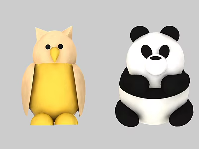 Cute Stuffed Owl and Panda Plush Toys Sitting Together in Design 3d model