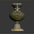 Carved Vase Sculpture with Green Glaze and Animal Head Handles on Beige Base