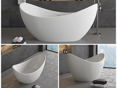 Modern White Freestanding Bathtub In Bathroom With Grey Walls And Towels 3d model