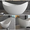 Modern White Freestanding Bathtub In Bathroom With Grey Walls And Towels