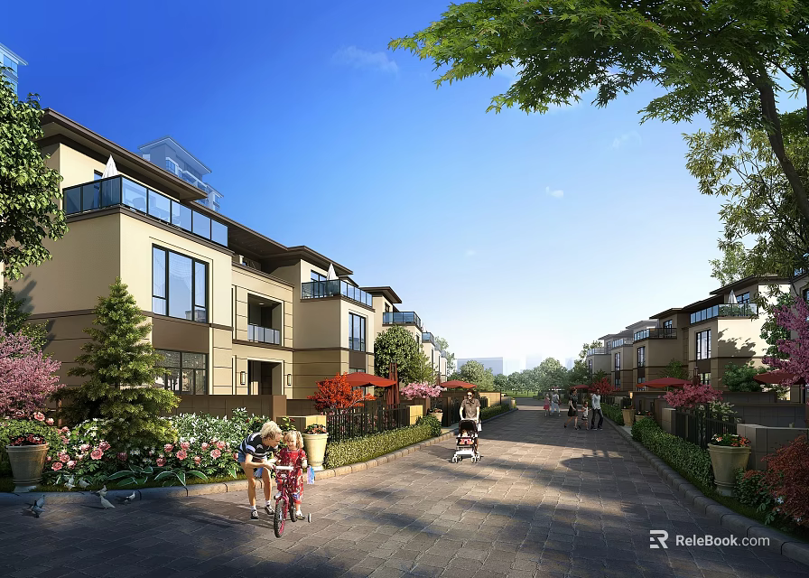 Modern Townhouse Row With Lush Greenery Pedestrian Path And Family Friendly Environment 3d model 