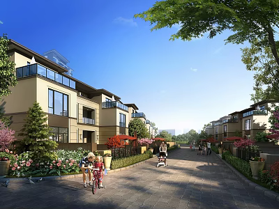 Modern Townhouse Row With Lush Greenery Pedestrian Path And Family Friendly Environment 3d model