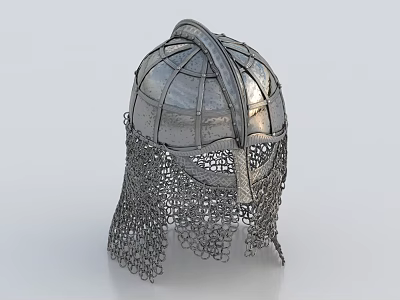 Medieval Metal Helmet With Intricate Chainmail Visor And Historical Design Elements 3d model
