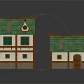 Cartoon Style Whimsical Houses With Green Roofs Brown Frames White Walls Windows Doors And Reflections