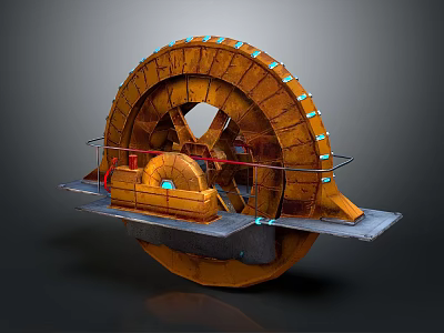 Decorative Wooden Water Wheel Garden Ornament With Metal Base And Blue Accents 3d model