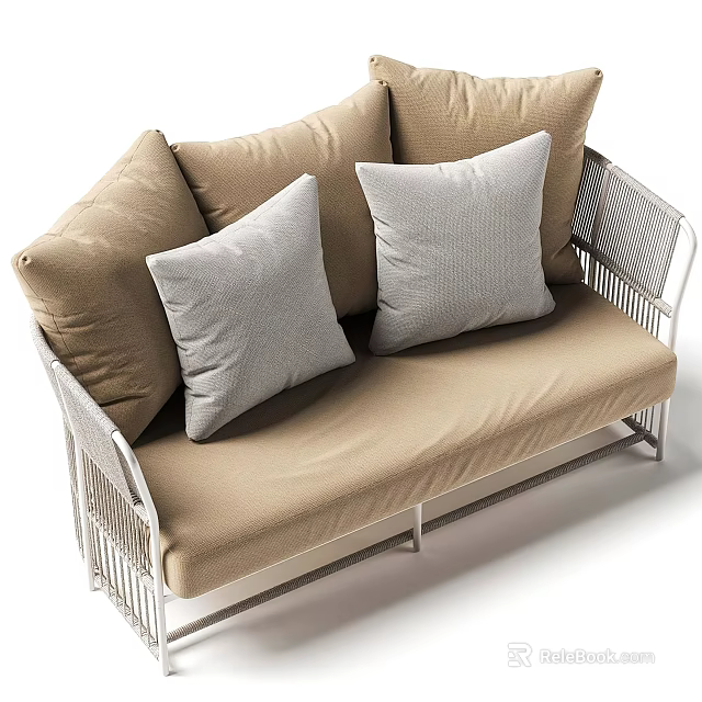 Outdoor Sofa With Beige Cushions Gray Throw Pillows White Wicker Frame 3d model 