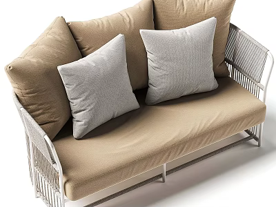 Outdoor Sofa With Beige Cushions Gray Throw Pillows White Wicker Frame 3d model