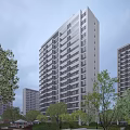 Modern High Rise Residential Building With Multiple Balconies And Evening Lights Surrounded By Trees