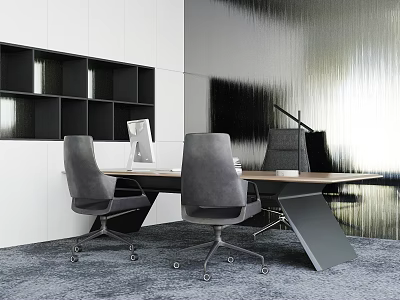 Modern Office Desk With Wooden Top Gray Office Chairs Black Bookshelf And Textured Wall Interior 3d model
