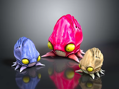 Three Fantasy Game Movie Characters With Blue Pink Beige Bodies Big Yellow Eyes And Tentacles 3d model