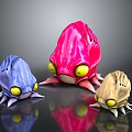 Three Fantasy Game Movie Characters With Blue Pink Beige Bodies Big Yellow Eyes And Tentacles