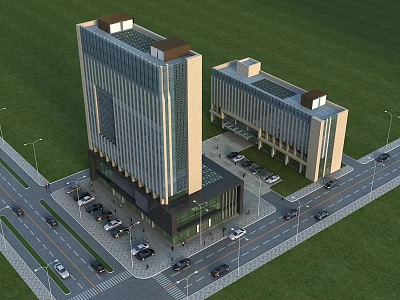 Modern High Rise and Low Rise Office Building with Parking Lot Road and Green Lawn 3d model