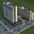 Modern High Rise and Low Rise Office Building with Parking Lot Road and Green Lawn