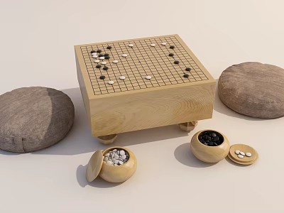 Traditional Wooden Go Board With Black White Stones And Stone Seats For Board Game Entertainment 3d model