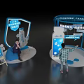 Art Installation With Blue Bottle Shape Display Boards Balloons And People Interaction 3d model