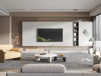 Modern Living Room Cream Living Room Coffee Table Single Sofa Floor Lamp TV Wall 3d model