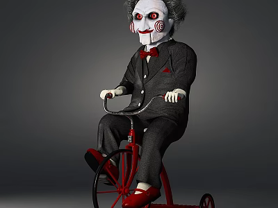 Creepy White Faced Doll Riding Red Tricycle In Black Suit Red Bowtie 3d model