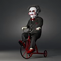 Creepy White Faced Doll Riding Red Tricycle In Black Suit Red Bowtie