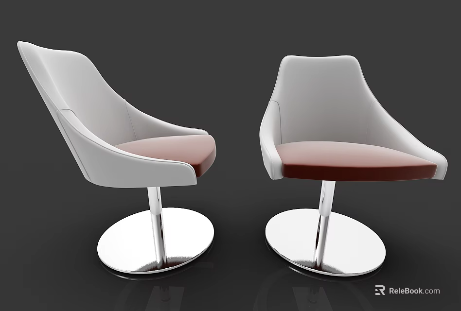 Modern White Leisure Chairs With Brown Upholstered Seats And Silver Metal Round Bases 3d model 