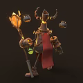 Mechanical Horned Character And Steampunk Creature With Glowing Eyes Holding Torch And Lanterns