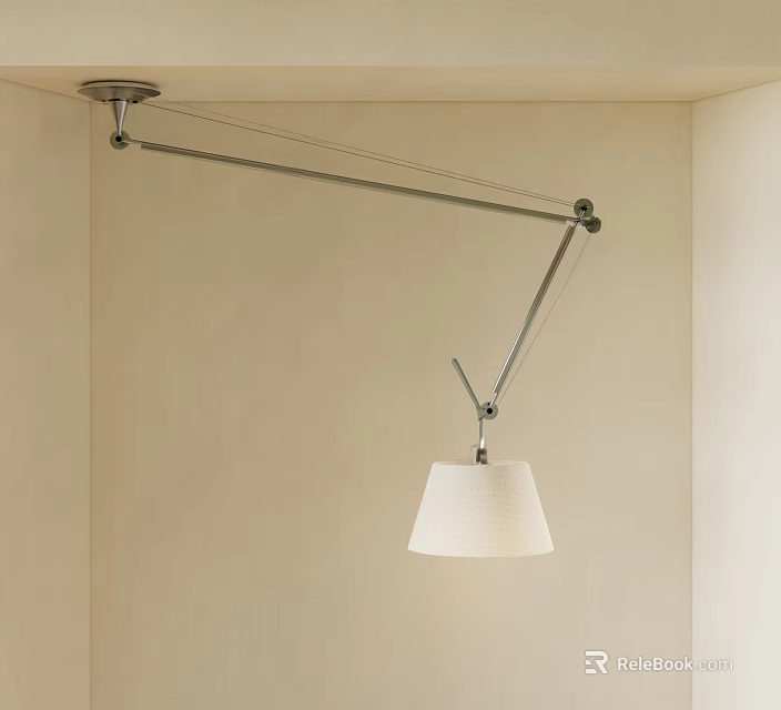 Modern Minimalist Pendant Light With Adjustable Metal Arm White Fabric Shade And Beige Wall Background 3d model 