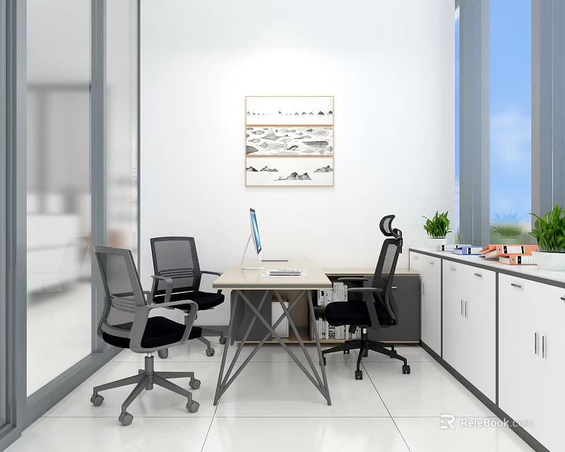 Modern Office Interior With Desk Computer Monitor Chairs Cabinets Green Plants Artwork And Large Windows 3d model 