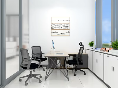 Modern Office Interior With Desk Computer Monitor Chairs Cabinets Green Plants Artwork And Large Windows 3d model