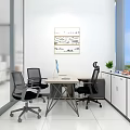 Modern Office Interior With Desk Computer Monitor Chairs Cabinets Green Plants Artwork And Large Windows