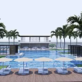 Luxury Swimming Pool Area With Palm Trees Modern Building And Seating Areas