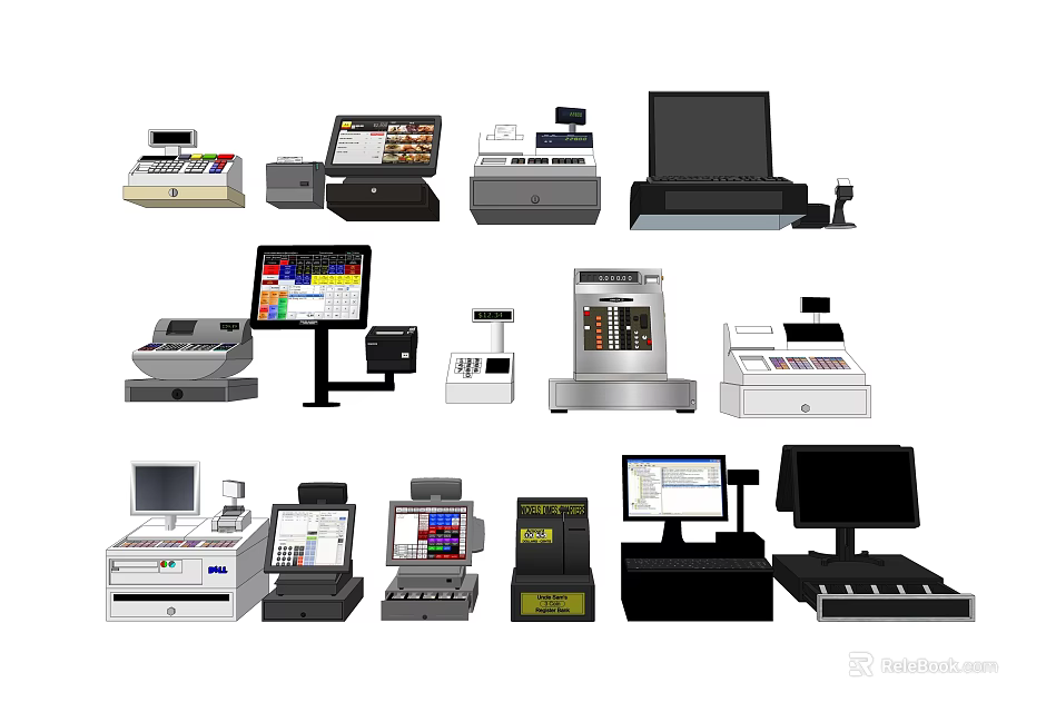 Various Commercial Equipment Including Cash Registers POS Systems with Display Screens and Payment Terminals 3d model 