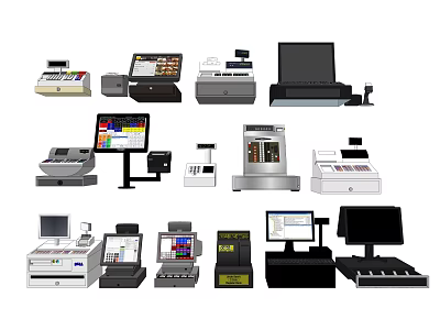 Various Commercial Equipment Including Cash Registers POS Systems with Display Screens and Payment Terminals 3d model