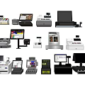 Various Commercial Equipment Including Cash Registers POS Systems with Display Screens and Payment Terminals