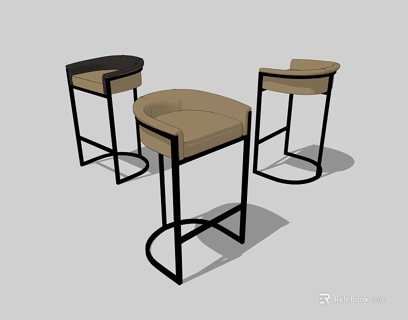 Modern Bar Stools With Black Metal Frames And Beige Padded Seats 3d model 