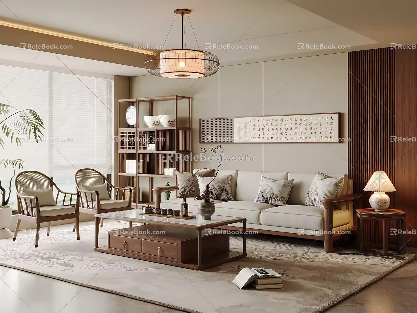 New Chinese Style Living Room Song Style Chinese Style Sofa Coffee Table Combination Solid Wood Coffee Table Bogu Frame Leisure Sofa Chair Sofa Editing Chandelier Decorative Painting Table Lamp 3d model