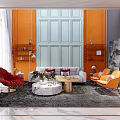 Duplex Living Room Interior Design With Modern Sofa Orange Accents Marble Wall And Pendant Lights