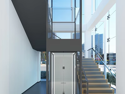 Modern Staircase With Glass Railings Elevator And City View Through Large Windows 3d model