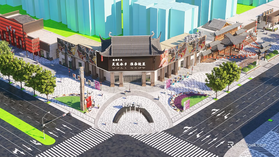 Traditional Chinese Commercial Street with Modern High Rise Buildings Trees and Pedestrians 3d model 
