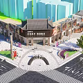 Traditional Chinese Commercial Street with Modern High Rise Buildings Trees and Pedestrians