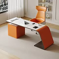 Modern Office Desk with White Top Laptop Keyboard Phone Cup and Orange Chair