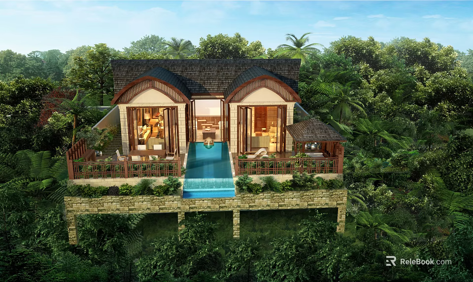Boutique Villa in Lush Tropical Jungle With Private Pool And Wooden Terrace 3d model 